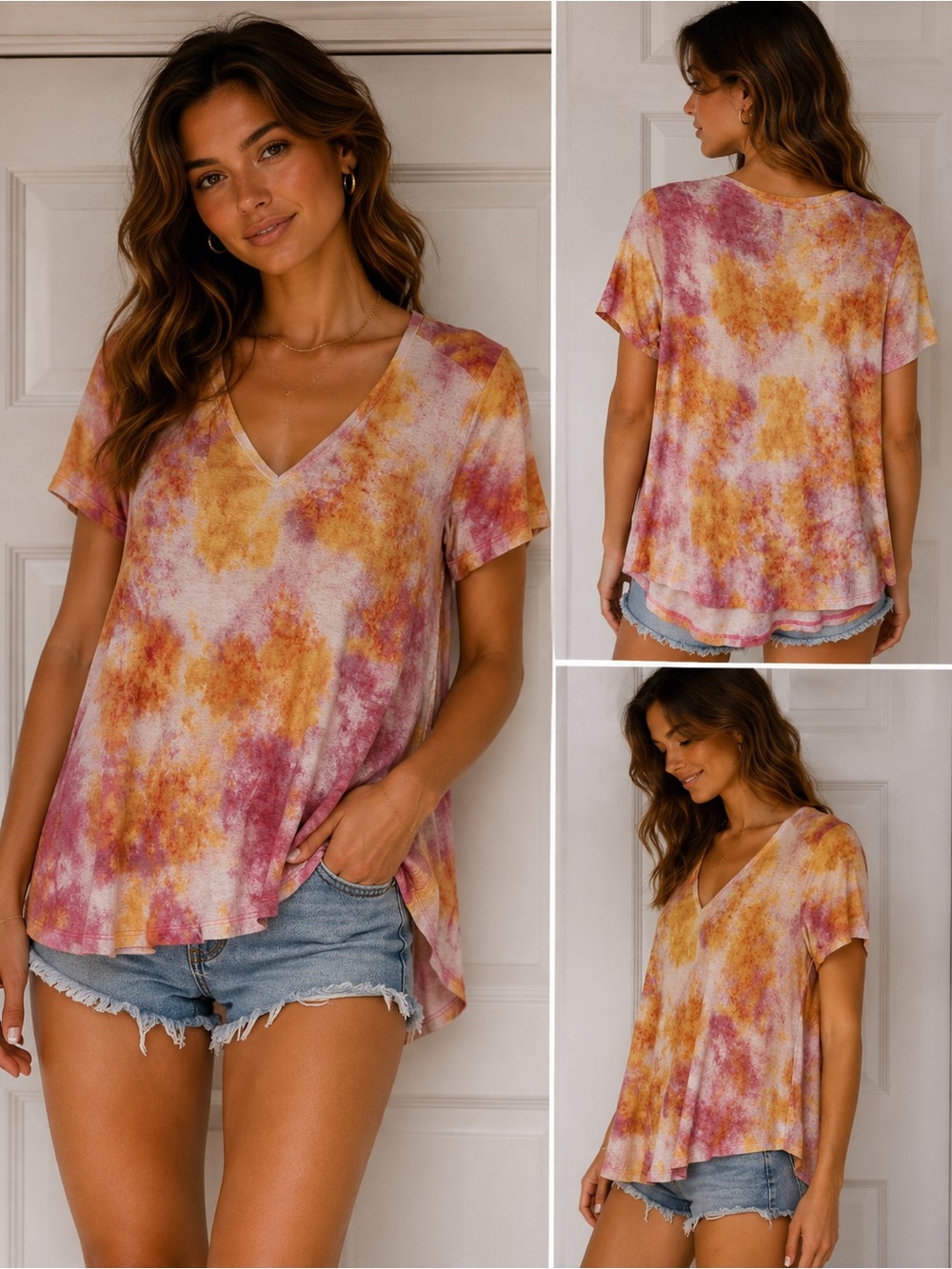 Wonderly Tie-Dye V-Neck Short Sleeve Top in Pink & Gold
